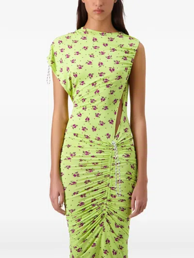 Coperni Knee Length Floral Ruched Asymmetric Dress In Green