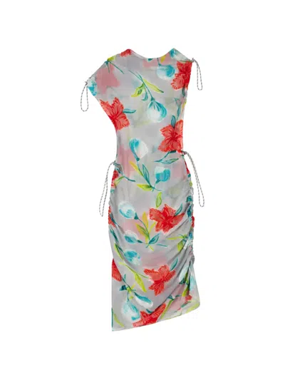 Coperni Floral-print Ruched Silk Midi Dress In Multi