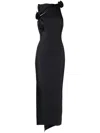Coperni Long Black Asymmetric Dress With Roses Applications In Stretch Polyamide Woman In Black