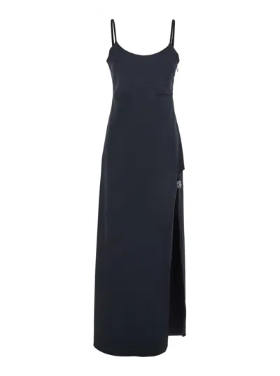 COPERNI BLACK LONG DRESS WITH THIN STRAPS AND SIDE LOGO PLAQUE IN FABRIC WOMAN