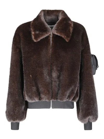 COPERNI HIGH-COLLAR BROWN SYNTHETIC FUR BOMBER JACKET