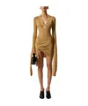 Coperni Denim Asymmetrical Flower Mini Dress In Brown