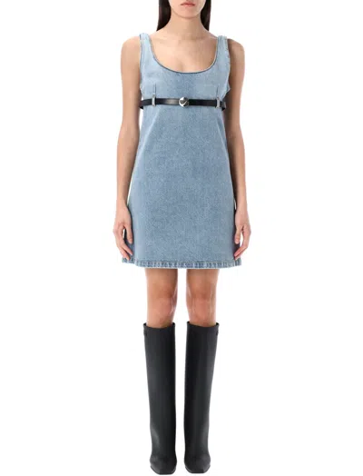 Coperni Light Blue Belted Denim Mini Dress In Blue Washed