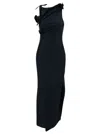 Coperni Long Black Asymmetric Dress With Roses Applications In Stretch Polyamide Woman In Black