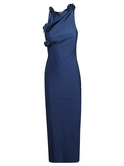 Coperni Midi Dress With Knotted Fabric Flowers In Blue