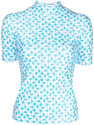 Coperni Logo-print Mock-neck Short-sleeve Fitted Top In Azur / White