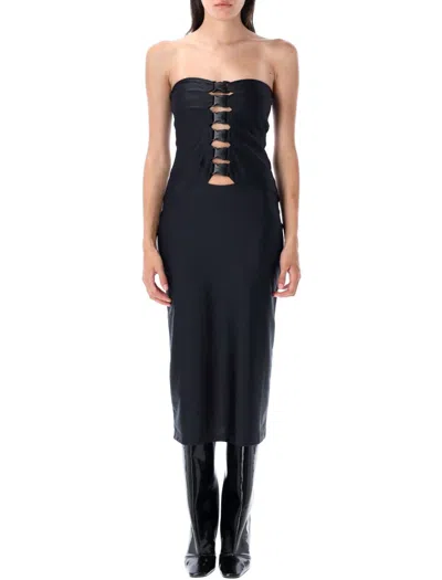 Coperni Strapless Fitted Midi Dress Buckle Accents In Black
