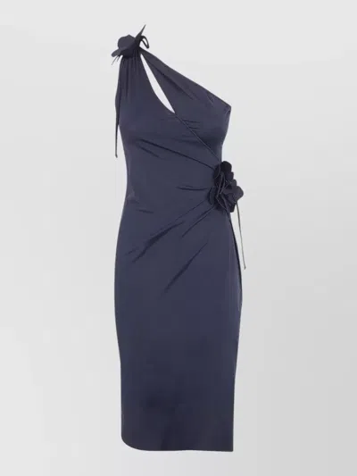Coperni One Shoulder Floral Draped Knee Dress In Blue