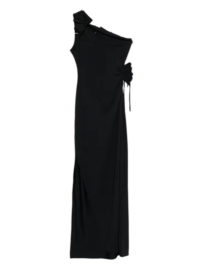 Coperni One-shoulder Flower-embellished Maxi Dress In Black