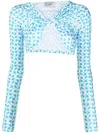 Coperni Patterned Ruched Long-sleeved Cropped Top In Blau