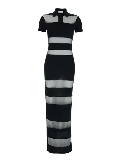 Coperni Polo Collar Long Dress With Logo Embroidery And All-over Stripes In Black