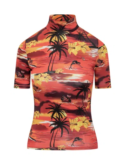 COPERNI RED PRINTED MOCK COLLAR TOP