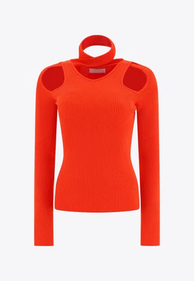 Coperni Ribbed Knit Cut-out Sleeved Top In Red