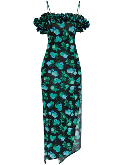 Coperni Apple-print Ruffle Off-the-shoulder Midi Dress In Blue