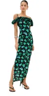 Coperni Apple-print Ruffle Off-the-shoulder Midi Dress In Print/blue Apples