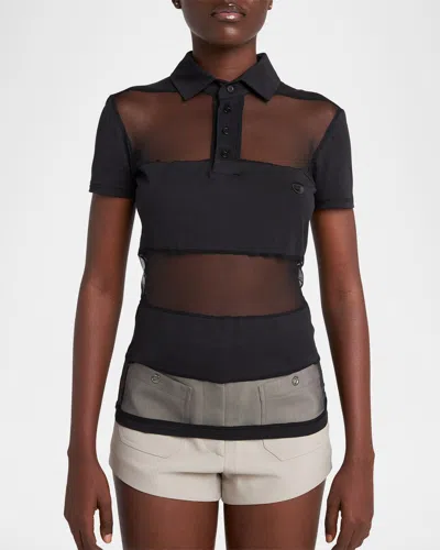 Coperni Sheer Striped Short-sleeve Polo Top In Black