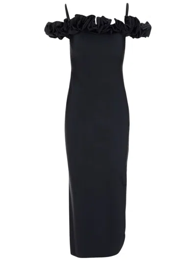 Coperni Rosette-detailed Off-the-shoulder Stretch-satin Maxi Dress In Black