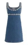 Coperni Denim Asymmetrical Flower Mini Dress In Medium Wash