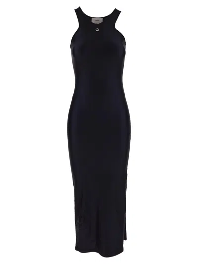 Coperni Logo Plaque Side Slit Midi Dress In Black