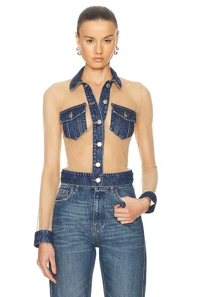 Coperni Tulle Illusion Denim Top In Beige-blue