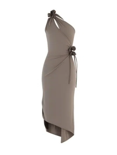 Coperni Short Asymmetrical Flower Dress In Brown