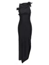 Coperni Long Black Asymmetric Dress With Roses Applications In Stretch Polyamide Woman In Black