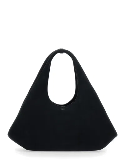 Coperni Women Black Shoulder Bag With Top Handle And Logo Lettering On The Front In Suede Woman