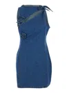 Coperni Blue Asymmetric Sleeveless Mini Dress With Cut-out Detail And Floral Patches