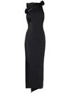 Coperni Long Black Asymmetric Dress With Roses Applications In Stretch Polyamide Woman In Black