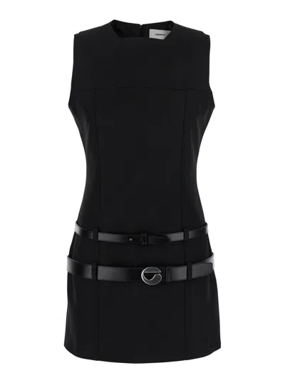 COPERNI COPERNI WOMEN BLACK SLEEVELESS MINI DRESS WITH TWO ADJUSTABLE BELTS ON THE FRONT IN TECH FABRIC WOMA