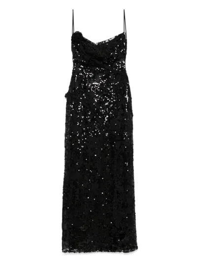 Coperni Long Black Dress With Embroidered Sequins And Rose Detail