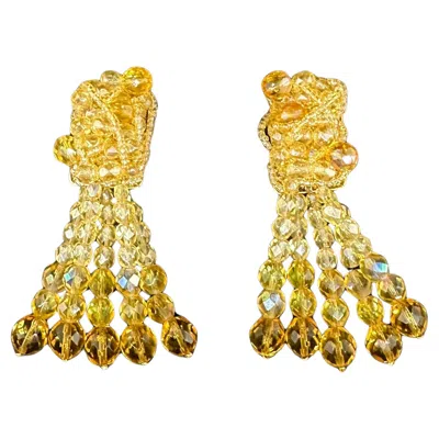 Pre-owned Coppola E Toppo A Pair Of  Golden Crystals Tassel Clip-on Long Earrings In Multi