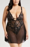 Coquette Babydoll Chemise & Thong Set In Black