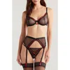 Coquette Lace Trim Mesh Underwire Bra, G-string & Garter Belt Set In Black
