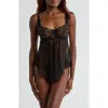 Coquette Lace Underwire Babydoll Chemise & G-string Set In Black