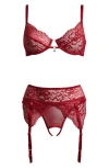 Coquette Lace Underwire Bra & Crotchless Garter Panty Set In Red