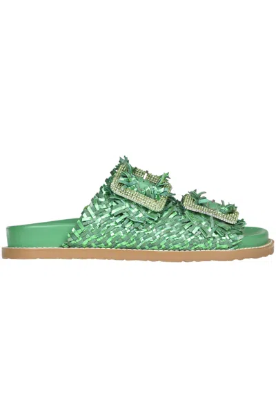 Coral Blue Woven Leather Slides In Green