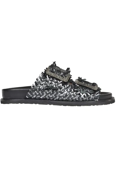 Coral Blue Woven Leathers Slides In Black