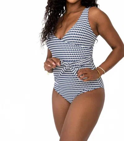 Coral Reef Swim Seaside Wrap Front One Piece In Navy/white In Blue