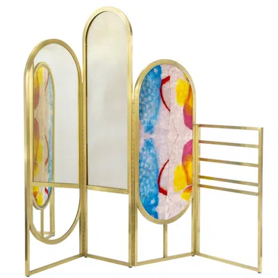 Pre-owned Coralla Maiuri Awaiting Brass Fabric And Mirror Room Divider In Sand