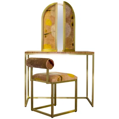 Pre-owned Coralla Maiuri Awaiting Vanity Table With Mirror Velvet And Brass In Brown