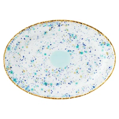 Pre-owned Coralla Maiuri Contemporary Oval Plate Gold Hand Painted Porcelain Tableware In Gray