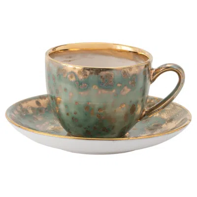 Pre-owned Coralla Maiuri Contemporary Set Of 2 Coffee Cups And Saucer Gold Hand Painted Porcelain In Brown