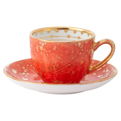 Pre-owned Coralla Maiuri Contemporary Set Of 2 Coffee Cups And Saucer Gold Hand Painted Porcelain In Red