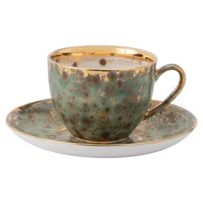 Pre-owned Coralla Maiuri Contemporary Set Of 2 Tea Cups And Saucer Gold Hand Painted Porcelain Tableware In Gray