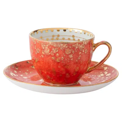 Pre-owned Coralla Maiuri Contemporary Set Of 2 Tea Cups & Saucer Gold Hand Painted Porcelain Tableware In Red