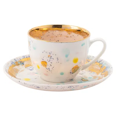 Pre-owned Coralla Maiuri Contemporary Set Of 2 Teacups And Saucer Gold Hand Painted Porcelain Tableware