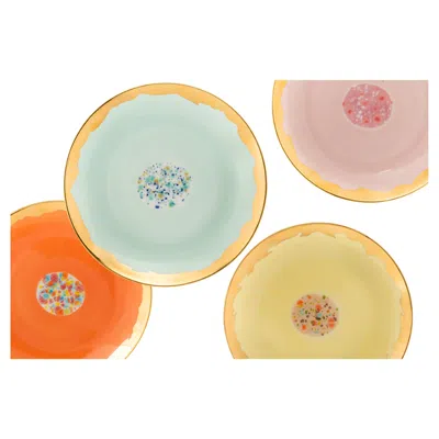 Pre-owned Coralla Maiuri Contemporary Set Of 4 Dessert Coupe Plates Gold Hand Painted Porcelain Tableware