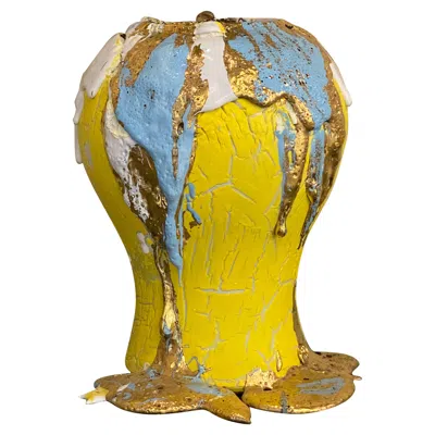 Pre-owned Coralla Maiuri Contemporary Yellow & Gold Porcelain Handmade Vase