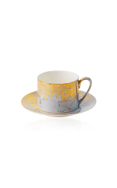 Coralla Maiuri Golden Ash Blue Teacup & Saucer In Multi